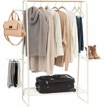 Clothes Rack With 3 Metal Shelves, Freestanding Clothing Racks For Hanging Clothes, Easy To Assemble, Standing Metal Sturdy Garment And Accessories Rack, Small Space Storage Solution, White