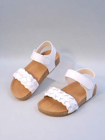 2025 Summer Fashion Girls' Roman Knitted Sandals With Strap Design, Breathable, Foot Protective, Non Slip Lightweight Cork Sole