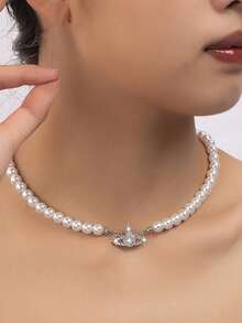 1pc Women's Fashionable Sparkling Heart Star Pearl Necklace With Earrings Set, Gold Tone - White - View 2