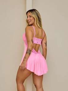 Camisola sexy com renda sem bojo costa nua sensual pijama roupa de dormi costas abertas - Rosa chiclete - Visão 2