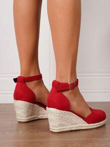 女士仿皮坡跟凉鞋，夏季假日红色套脚圆头3.15英寸高跟鞋，舒适编织草镂空鞋底平底鞋 - 紅色 - 查看 8