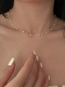 1pc Minimalist Faux Pearl Chain Necklace - Yellow Gold - View 1
