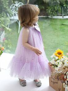 Baby Girls' Lavender 3D Bow Star Sequin Mesh Elegant Princess Dress, Suitable For 1st Birthday Party, Wedding, Flower Girl, Holiday Celebration - Mauve Purple - View 6