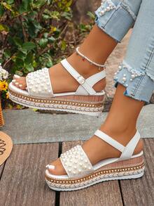 Women's Wedge Platform Pearl Jute Bottom Sandals - White Buckle Sandals - View 3