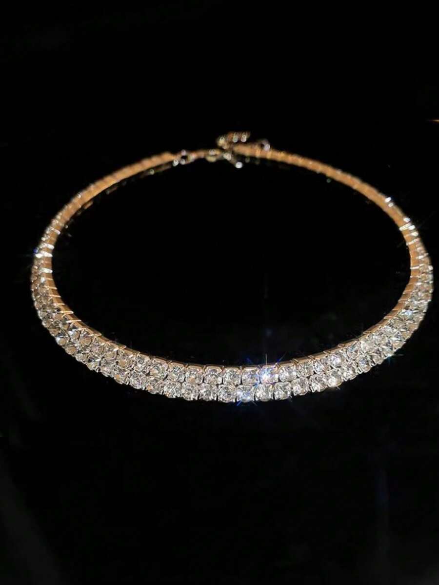Women Fashion Rhinestone Necklace For Party,2Pcs/Set Necklace And Bracelet Jewelry Decoration Rhinestone Fashion Accessories Set,Women Alloy Pendant Necklace Bracelet And Earrings Set For Wedding And Bridal,Rhinestone Round Choker Necklace Gold/Silver - 兩排金色水鑽 - 查看 1