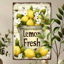 1pc Vintage "Fresh Lemon" Metal Sign, 12x8 Inch Iron Wall Art Decor, Farmhouse Style Plaque, Suitable For Home, Room, Restaurant, Cafe, Man Cave, Bar, Farmhouse Kitchen Decor, Random Hole Style - Multicolor - View 1