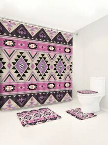 1pc/4pcs Boho Style Bathroom Decor Set: Waterproof Shower Curtain With 12 Hooks, Non-Slip Bath Mat, U-Shaped Toilet Mat, And Round Toilet Seat Cover, Multi-Functional Bathroom Accessory Set Back To School