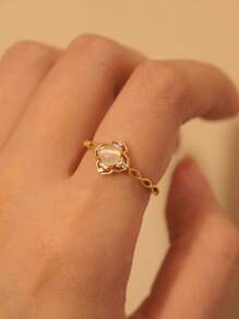 1pc Elegant Women S925 Sterling Silver Clover Cat Eye Stone Micro Inlay Adjustable Ring, Suitable For Mother's Day Gift, Family Gift