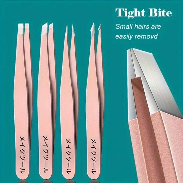 4pcs Precision Stainless Steel Tweezers For Eyebrow Hair Removal, Ingrown Hairs, Blackheads, Slanted Pointed Tip