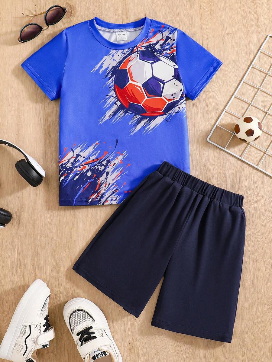 2pcs/Set Young Boy Fashionable Outdoor Casual Football Print Short Sleeve Knit Thin Tee And Solid Color Elastic Waist Thin Shorts, Breathable Sports Outfit For Summer - Blue - View 1
