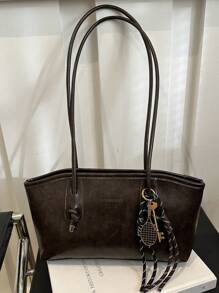 1 pieza Bolso de bolos de color marrón café acolchado con cremallera y unicolor de PU, grande y con capacidad, nueva moda con textura de fieltro, estilo retro de silla de montar para el hombro, adecuado para uso diario de mujeres