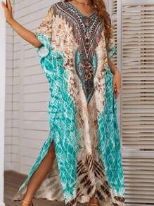 Women Sexy V Neck Print Bathing Suit Cover Ups Half Sleeve Plus Size Open Side Beach Kaftan Dresses