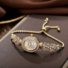 1 pieza Reloj de pulsera de cuarzo con esfera oval de números, elegante y con diamantes de imitación, con correa ajustable