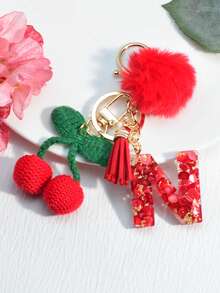 1 móc khóa hình thiên hà bằng nhựa có chữ cái tiếng Anh, tua rua trang trí quả cầu lông màu đen, quà tặng cho bạn bè, mẹ, mặt dây chuyền tình yêu phụ kiện ô tô túi xách học sinh dễ thương phong cách Goth Y2k - Quả anh đào đỏ - Xem 21