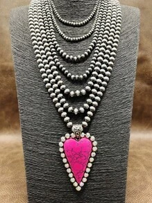 1buc la modă Retro Western Country Style Pink Stone CCB Cu margele În formă de inimă Colier pandantiv, Stil 7 straturi cu margele, potrivit pentru femei și fete pentru a se potrivi cu ținuta de zi cu zi, accesorii de petrecere, bijuterii, cadou pentru familie/prieteni/dvs.
