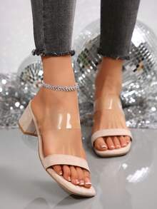 Plus Size Women's Open Toe Transparent Strap Decor Solid Color Square Toe Low Top Chunky High Heel Sandals, Fashion For Party, Work, Travel, Spring/Summer, Apricot Suede - Apricot - View 6