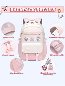 1pc Lightweight Large Capacity Backpack For Girls, Student School Bag Fits 15.6" Laptop, Outdoor Travel Bag, Minimalist & Fashionable Design With 3 Detachable Cute Accessories, Suitable For Teenage Girls For School And Travel - Simple Backpack - View 10