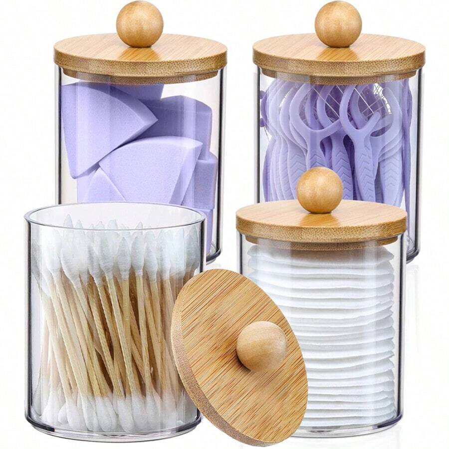 1/2/4pcs Round Plastic Makeup Organizer Containers With Wooden Lids, Bathroom Storage For Cotton Swabs, Makeup Pads, Puffs, Dental Floss