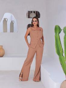 Conjunto feminino colete e calça pantalona viscose sensorial estruturada clássico elegante casual