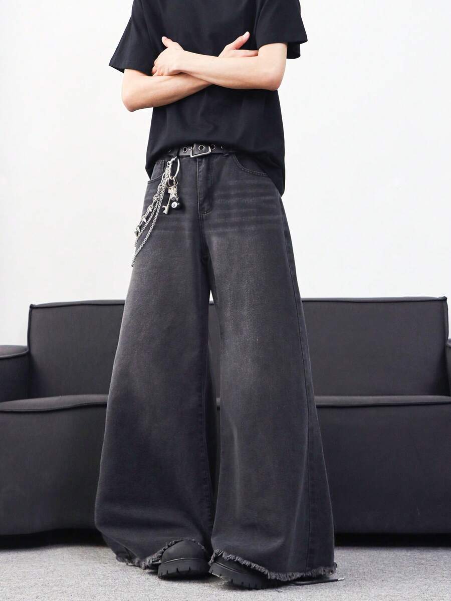1pc Men's Casual Retro Washed Distressed Jeans, Loose Wide Leg Trousers - Black - View 1