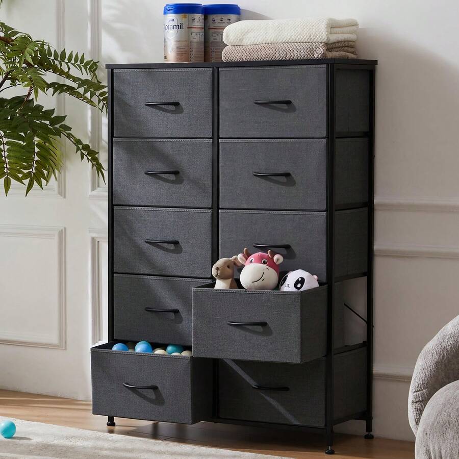 10-Drawer Fabric Storage Cabinet With Wood Top - Organizer Dresser For Bedroom & Closet, Powder-Coated Metal Frame & Removable Bins