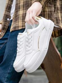 Plus Size Men's Casual Sneakers, Leather Upper Lightweight Trainers, Unisex White Shoes For Students