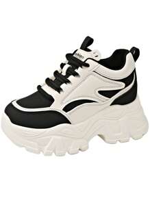 2025 New Black & White Women's Sports Shoes, Leather Upper, Internal Increased Height, Thick Sole Black Increased Height Sports Shoes, Platform Casual Women Shoes
