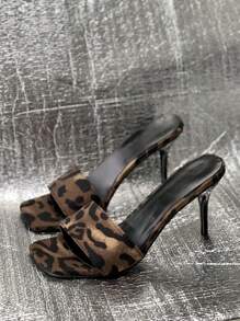 Women Buckle Square Toe Slip-On High Heel Sandals, Leopard Print Open Toe High Heel Sandals, Sexy Stiletto High Heel Sandals
