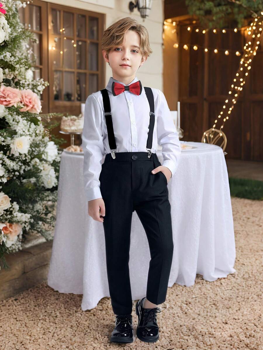 4 件套：年轻男孩白衬衫 + 裤子 + 蝴蝶结 + 吊带，学校/节日服装，适合日常穿着的正式西装，学校表演，婚礼，派对，秋季 - 黑色 - 查看 1