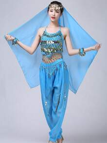 Women's Style Sparkling Belly Dance Three Pieces Set: Sequined Top + Lantern Pants + Headscarf Set For Halloween Carnival Party Stage Performance Costume