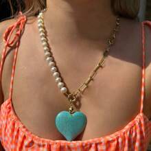 2025 Ster Steen Kralen Turquoise Blauw Hart Hanger Mode Ketting Voor Vrouwen Meisjes Feest Sluiting Parel Bruiloft Dagelijkse Handgemaakte Sieraden