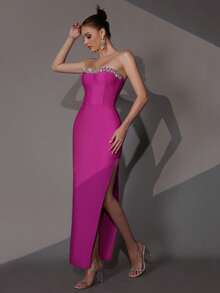 Modphy New Women's Rhinestone Strapless Split Thigh Tube Bodycon Wedding Bridesmaid Dress, Holiday Party Bandage Dress - Red Violet - View 6