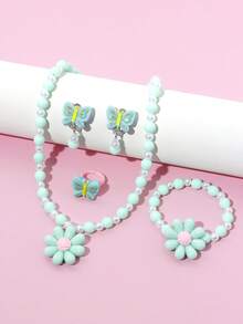 Set de 5 piezas de joyería con collar, pulsera, anillo y aretes con diseño de flores y mariposas, accesorios encantadores con cuentas, adecuado como regalo de cumpleaños para niñas - Azul - Ver 10