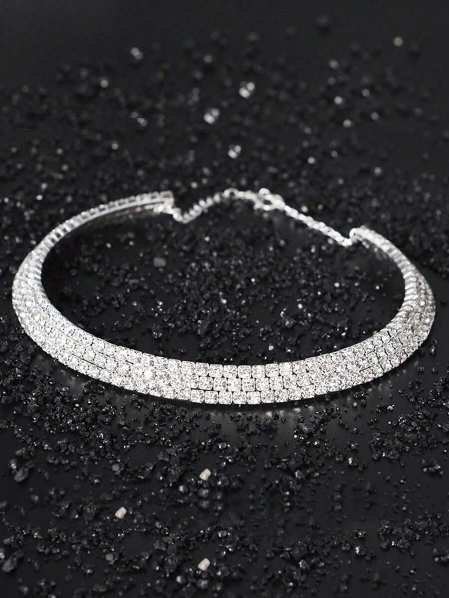 Women Fashion Rhinestone Necklace For Party,2Pcs/Set Necklace And Bracelet Jewelry Decoration Rhinestone Fashion Accessories Set,Women Alloy Pendant Necklace Bracelet And Earrings Set For Wedding And Bridal,Rhinestone Round Choker Necklace Gold/Silver - 三排銀色水鑽 - 查看 1