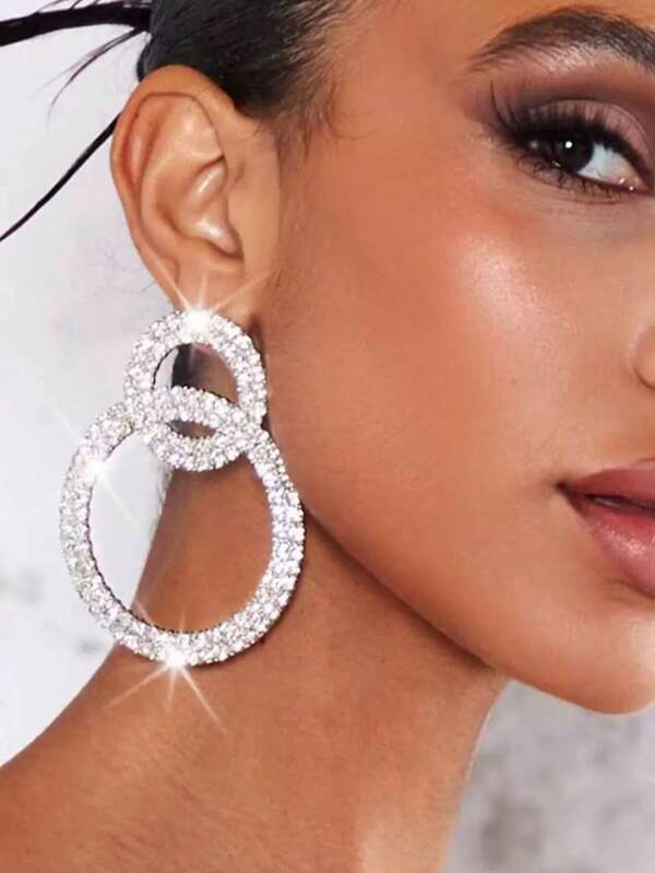 Double Hoop Rhinestone Earrings, Elegant Long Earrings, Personalized Korean Style Fashion Earrings For Women