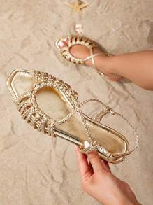 Sandali piani eleganti da donna, con punta quadrata, intrecciati, con tacco piatto, cinturino posteriore, leggeri e traspiranti, adatti per feste e uso quotidiano