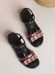 Women's New Thick Sole Wedge Platform Rhinestone Woven Strap Sandals, Elastic, Round Toe, Fashion & Comfortable, Summer