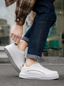 Plus Size Men's Casual Sneakers, Leather Upper Lightweight Trainers, Unisex White Shoes For Students