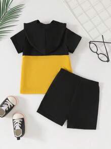 2pcs Baby Boys' Summer Sports Short Sleeve T-Shirt And Shorts Set, Fashionable Contrast Color Letter Print Hooded Pullover