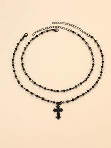 Cuiwrgrs 2pcs Gothic Style Cross Pendant Necklaces, Punk Dark Multi-Layer Necklace Accessories - Black - View 2