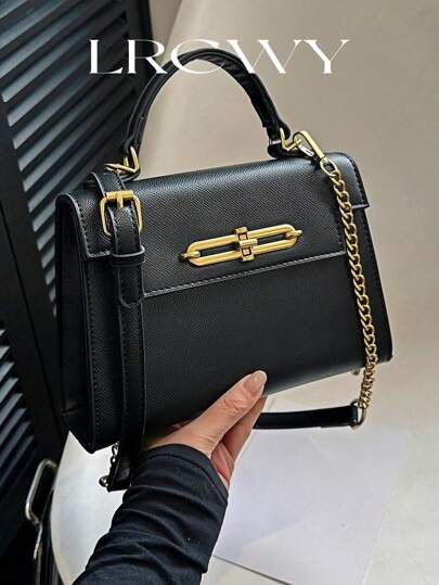 Women Elegant Square Handbag With Exquisite Accessories, Can Be Crossbody Or Handheld, Stylish Black Bag With High-End Feeling