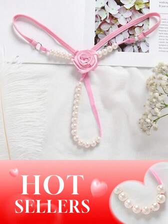 Flower Decor Thongs, Sheer Ring Linked Faux Pearl Panties, Women&#39;s Sexy Lingerie &amp; Underwear,Sexy Essentials For Halloween And Christmas