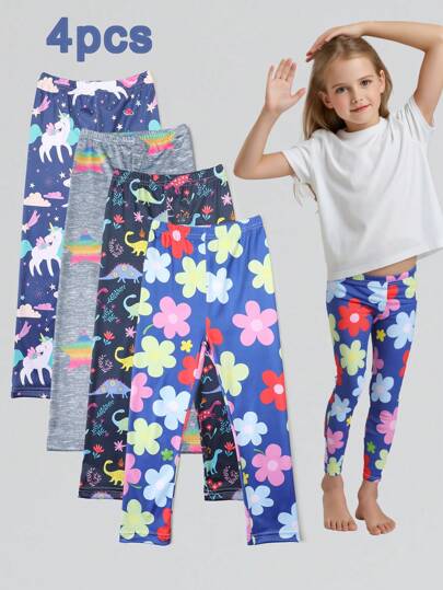 4 Paar Mädchen Caprileggings, Blumen-, Stern-, Einhorn-, Dinosaurier-Muster, angenehmer Stoff Strumpfhosen, geeignet für den täglichen Gebrauch, Frühling/Sommer