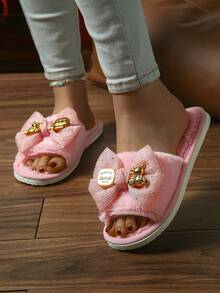 shensongni 女士蝴蝶结泰迪熊装饰毛绒拖鞋，室内拖鞋，家居拖鞋，卧室拖鞋，露趾拖鞋，四季皆宜拖鞋，公寓拖鞋，时尚性感度假风缎面平底凉鞋，粉色 - 粉色 - 查看 7