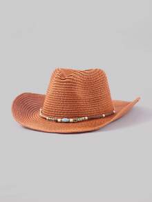 1 pieza Sombrero de paja bohemio de unicolor, casual, con banda de sombrero decorada con metal, versátil para todas las estaciones y desplazamientos - Sombrero con forma de lágrima - Ver 18