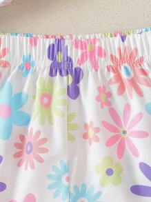 2pcs/Set Girls Summer Sleeveless Top And Shorts Set, Flower Print Tank Top + Ruffle Hem Shorts, Suitable For Home, Outings And Play