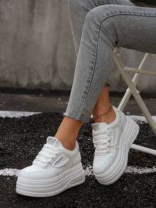 秋冬白色百搭休闲女鞋，时尚女士厚底运动鞋 - 白色 - 查看 4