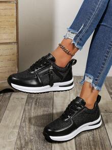 Women's Lace-Up Black Sequin Color Block Low Top Casual Sneakers, Women's Fashion Comfort Lightweight Minimalist Design Platform Shoes, Outdoor Versatile Skateboard Shoes, Thick Sole Elevator Shoes - Black - View 5