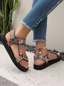 Boho Style Lace-Up Sandals - Colorful Geometric Print Straps, EVA Lightweight Soles, Versatile Women's Shoes For Vacation And Daily Wear, Breathable & Comfortable, Great For Summer And Water Parks