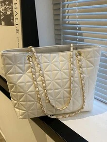 黑色PU时尚简约大容量菱格纹金属链条拉链单肩手提包，适合女性日常通勤、旅行、度假、聚会、朋友聚会、送给女友的生日礼物、情人节礼物、工作包、书包、大学必备单品 - 白色 - 查看 4